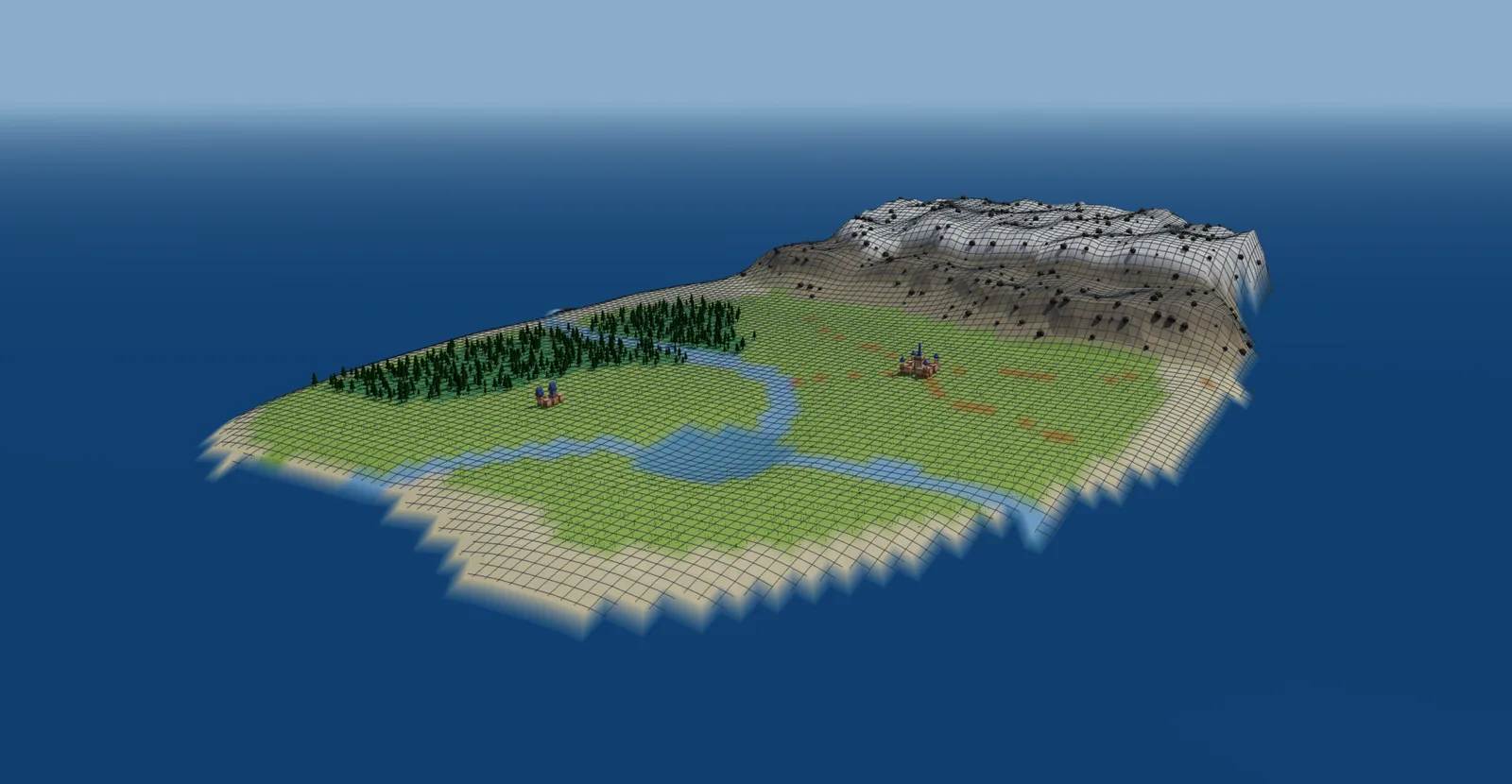 Carte 3D d'un territoire avec relief, forêt, rivière, châteaux et grille de combat